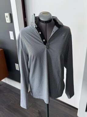Men's Black & White Striped Long-Sleeve Polo